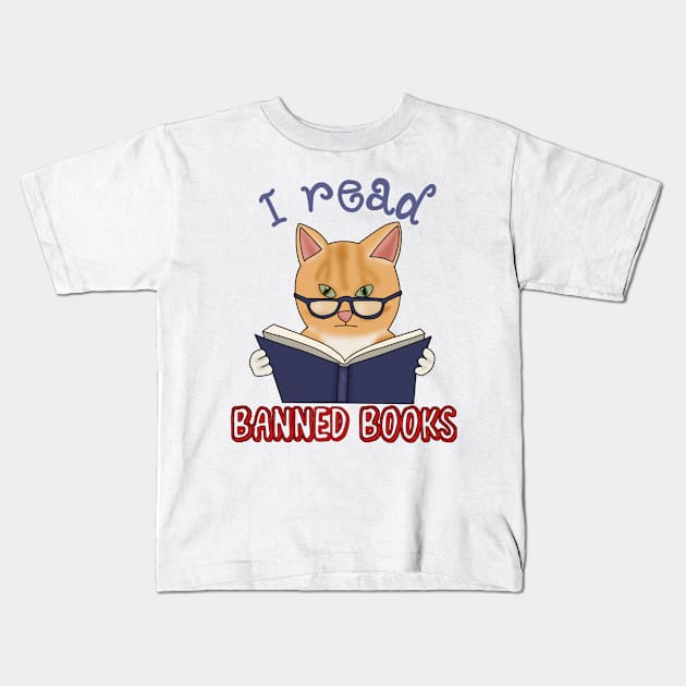 I read banned books (fluffy orange cat) Kids T-Shirt by Becky-Marie